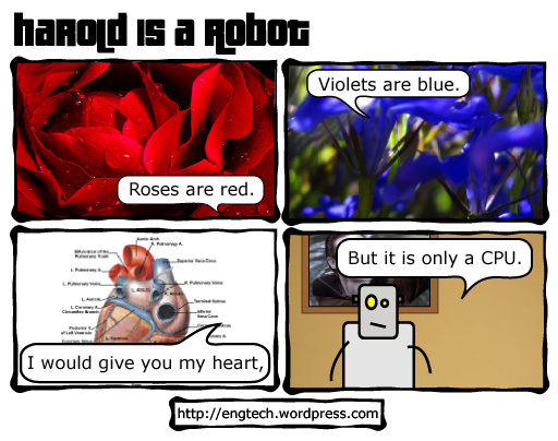harold is a robot, comic, cartoon, web comic, robots valentine's day, feb14, romance, poem, poetry, ode on a grecian urn, silicon yearn, john keats, violet blue, bad poetry, love, relationships